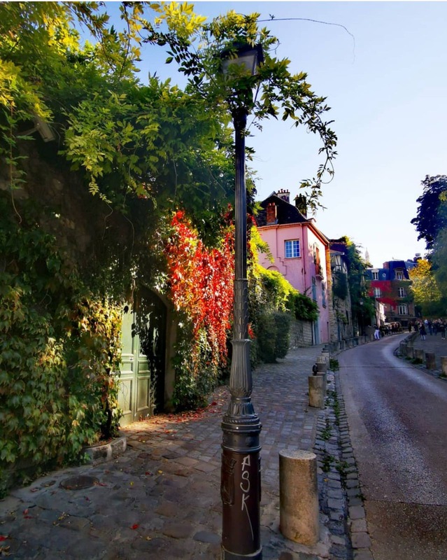 Una calle de Montmartre, su farola y sus muros cubiertos de vegetación