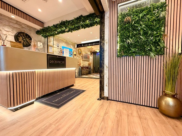 The hotel entrance, reception and green wall